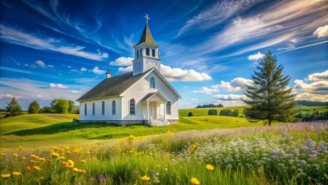 Serene white country church with traditional steeple stands alone amidst lush green pastures and wildflowers under a vibrant blue sky in rural America.