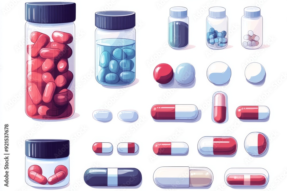 Poster simplified display of essential medication bottles and capsules in various sizes and colors