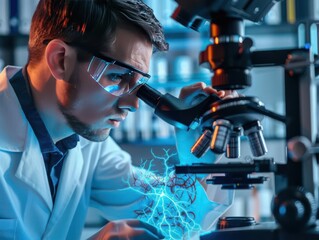 Scientist examines microscopic organism under a laboratory microscope with advanced technology overlay, representing innovation in research.