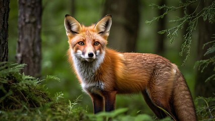 Obraz premium Curious Red Fox Emerging in Dense Forest