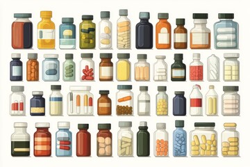 Neat Arrangement of Diverse Medical Bottles and Pills Ideal for Healthcare Facilities