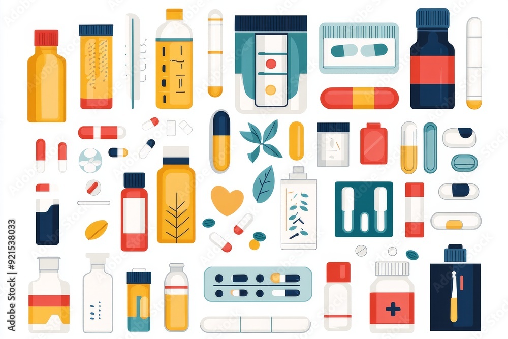 Sticker modern pharmaceutical design featuring bold colors and geometric shapes in medication display