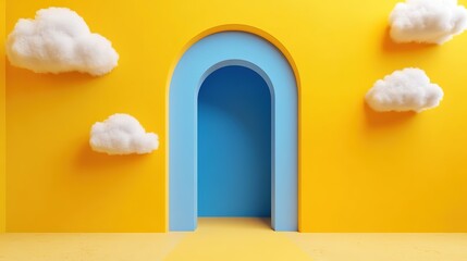 Surreal Minimalist Room with Vibrant Yellow Wall, Contrasting Blue Archway, and Fluffy White Clouds, Dreamlike Atmosphere and Soft Lighting