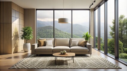 Sleek low-profile sofa and geometric-patterned rug anchor a stylish living room with floor-to-ceiling windows, minimalist decorative accents, and a neutral color palette.