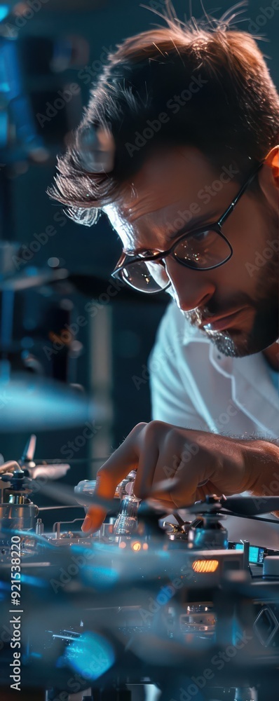 Poster focused engineer working on drone technology in a high-tech lab, adjusting components with precision