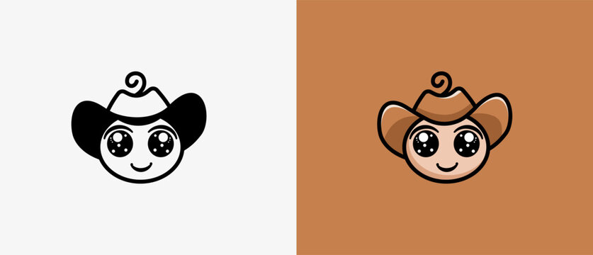 Logo cute baby with cowboy hat in cartoon illustration style, cute baby and cute cowbow logo. Baby fashion, baby party, baby born concept. Editable file