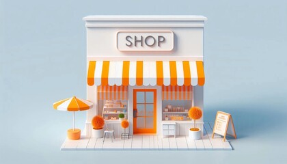 3d building shop with realistic  style, white and orange color palette. building and architecture.