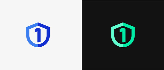 Logo number 1 and shield, tech, database, security, antivirus guard and defense. Modern and minimalisr iconic design. Editable file