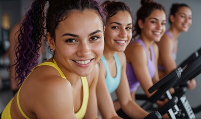 Fototapeta premium Delighted woman cycling together with pals on gym exercise bikes 