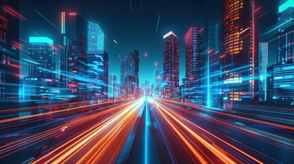 Neon Cityscape with Speeding Lights