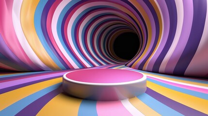 Obraz premium A swirling tunnel created with bright colors leads to a dark end, featuring a round platform at its entrance