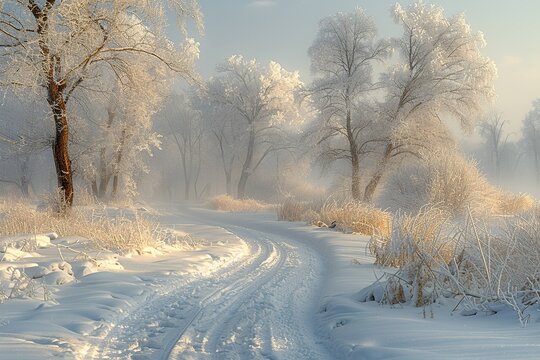 Snow covered country road winter land UHD wallpaper