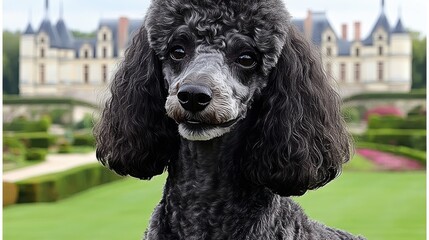 Elegant black poodle standing in front of a picturesque French chÃ¢teau garden with well-maintained hedges and colorful flowers