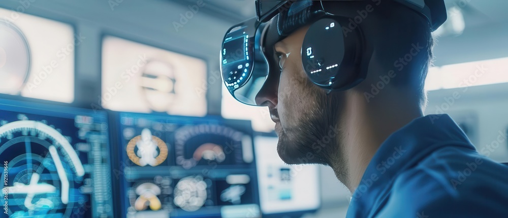 Aufkleber a professional wearing a vr headset monitors virtual simulations on multiple screens in a high-tech 