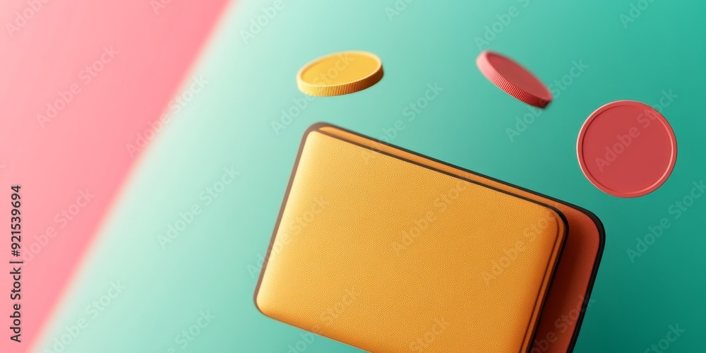Poster abstract 3d render of a yellow square with floating red and yellow circles on a pastel background fo