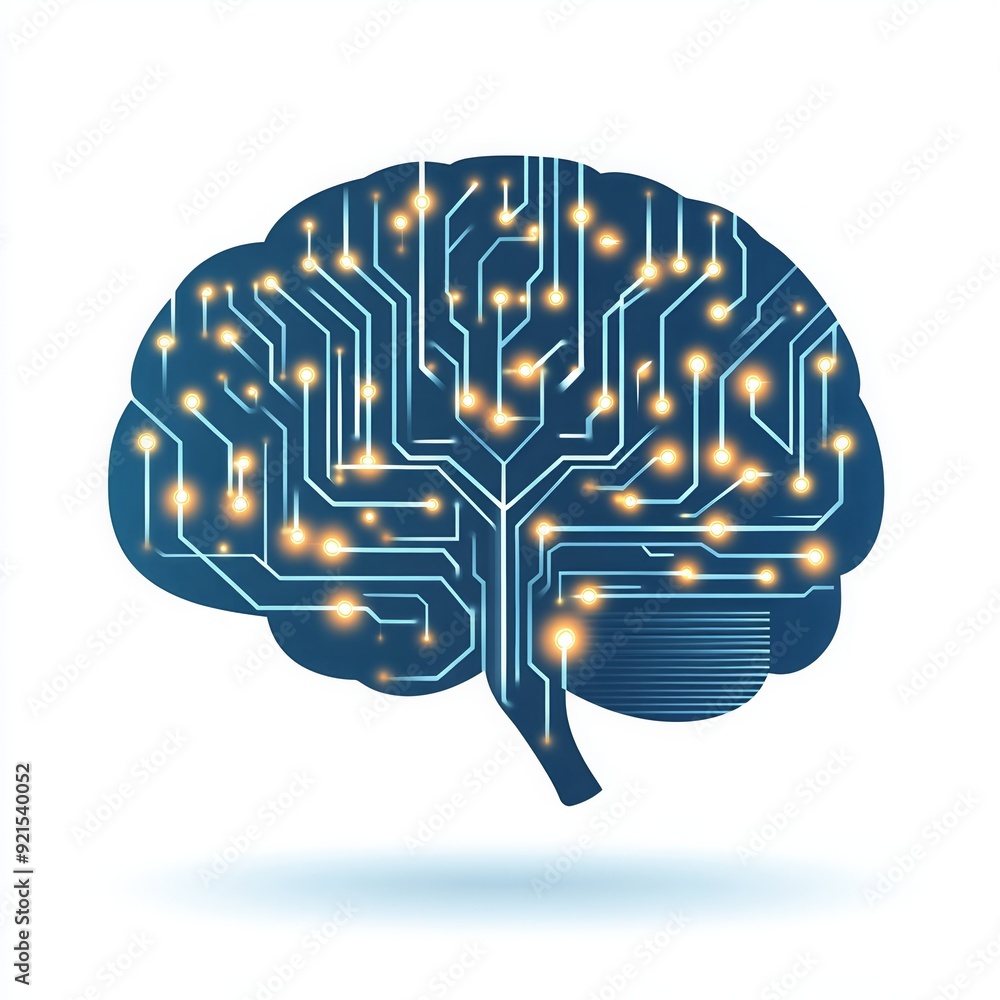 Poster digital brain illustration with circuit board design, representing ai and technology. visualizes neu