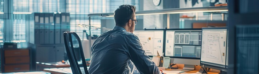 Professional office worker analyzing data on multiple monitors, illustrating modern workplace technology and productivity.