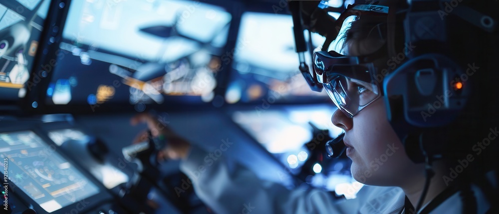 Poster focused technician in a futuristic control room operating advanced technology for simulation and res