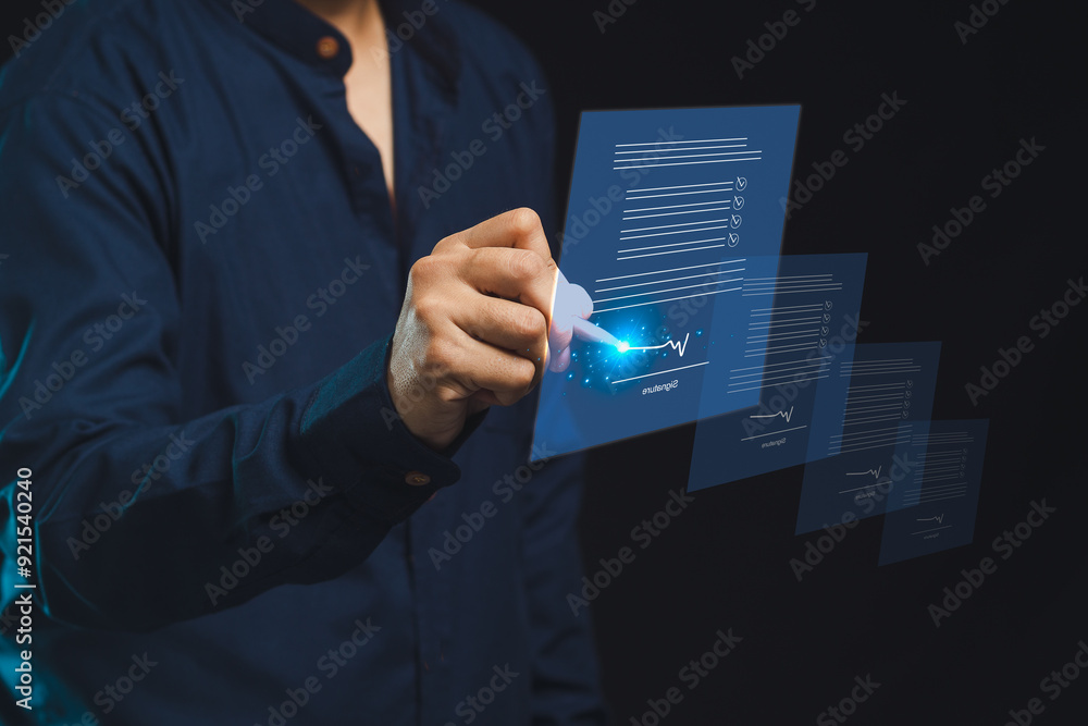 Poster signature electronic. businessman using interactive digital display for data analysis.