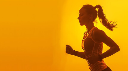 Sporty Woman Runner in Silhouette: Sporty woman runner in silhouette on a yellow background