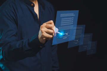 Signature electronic. Businessman using interactive digital display for data analysis.