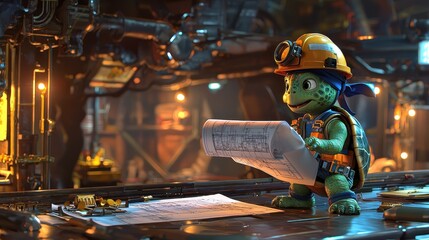 A turtle engineer reviewing blueprints while wearing a construction helmet