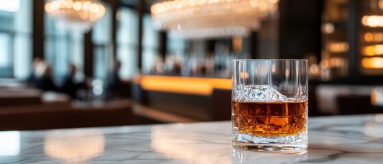 glass of whiskey on a marble bar counter with blurred bar background - elegant drink concept