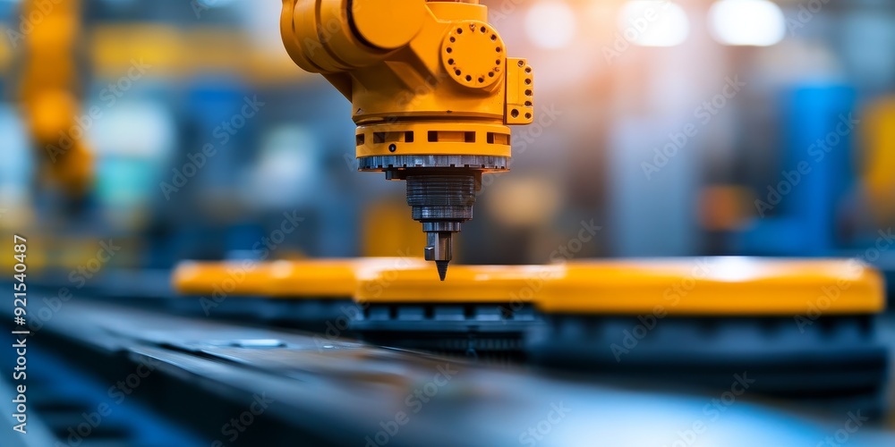 Poster yellow robotic arm working on an automated assembly line in a modern factory.