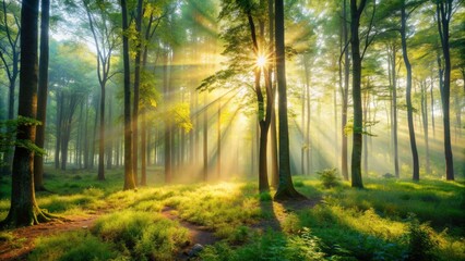 Fototapeta premium Soothing misty forest landscape with gentle sunlight filtering through trees, evoking a sense of peacefulness and serenity in a natural, idyllic environment atmosphere.