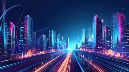 Obraz premium Neon Cityscape with Dynamic Lines