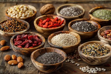Fototapeta premium Assortment of superfoods in wooden bowls, including seeds and goji berries