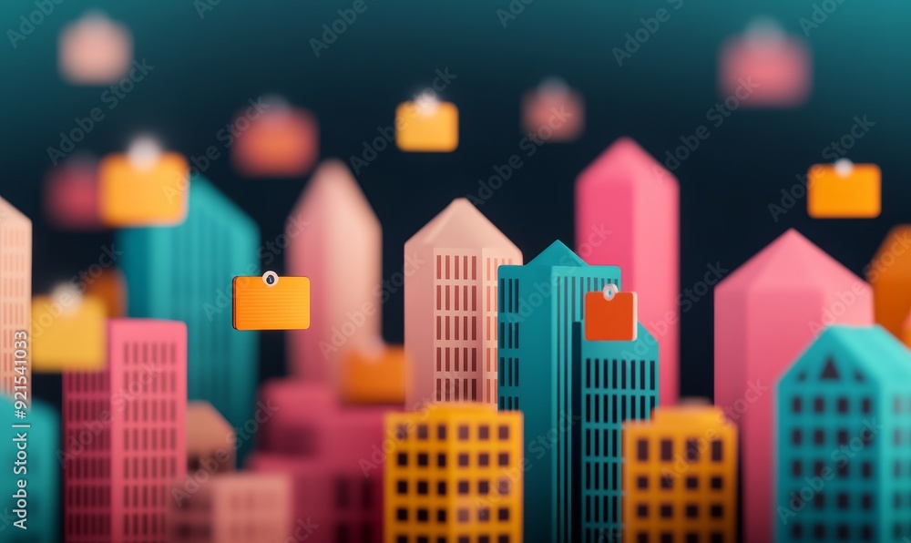 Poster abstract cityscape with colorful buildings and floating mailboxes - modern minimalist design concept