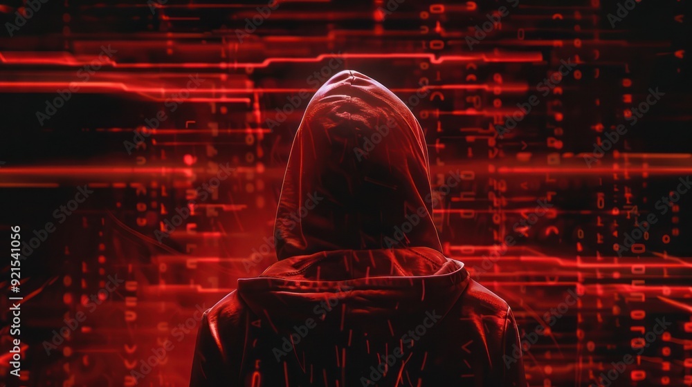 Aufkleber mysterious hacker in red digital realm