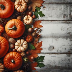 Top Border of Pumpkins and Leaves on Rustic White Wooden Surface