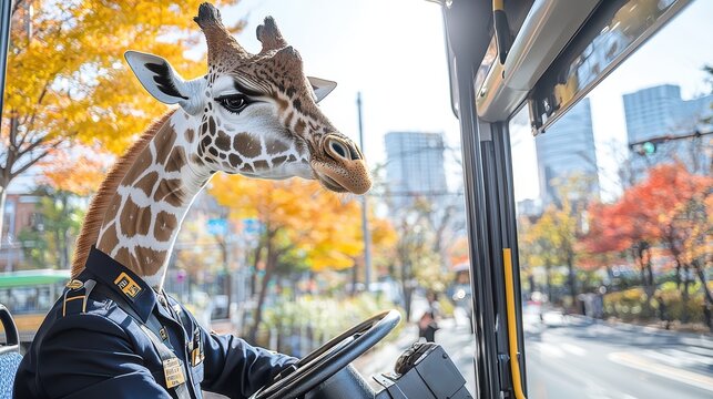 A giraffe bus driver in uniform, sitting behind the wheel of a city bus