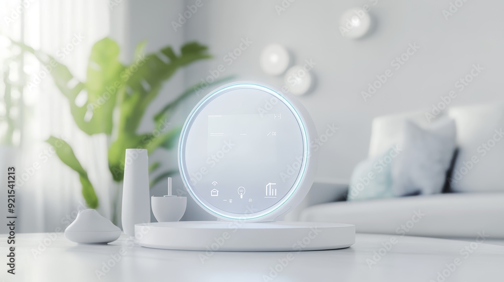 Poster smart home device on white table with blurred background