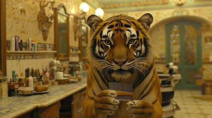A tiger barber holding scissors and a comb, ready to trim hair in a stylish barbershop