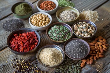 Assortment of superfoods in wooden bowls, including seeds and goji berries