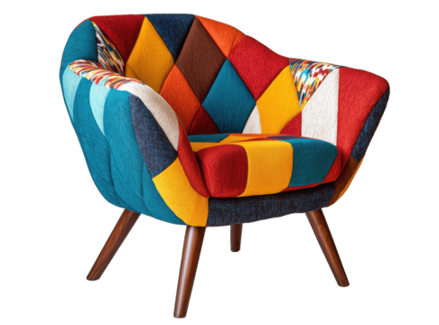 Vibrant and stylish armchair featuring a unique patchwork design in bright colors, perfect for modern interior decor.