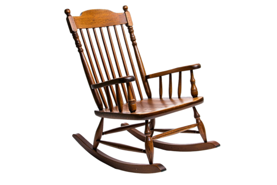 A classic wooden rocking chair, perfect for relaxing and adding a cozy touch to any room or outdoor space.