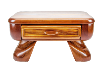 Elegant wooden table with a single drawer, showcasing a polished finish and unique curved legs, ideal for home decor.