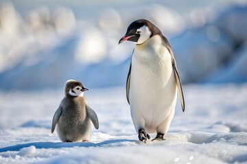 Obraz premium Tiny baby penguin takes first steps in Antarctic winter wonderland, waddling beside devoted parent, leaving miniature footprints in pristine snow, exuding innocent charm and warmth.