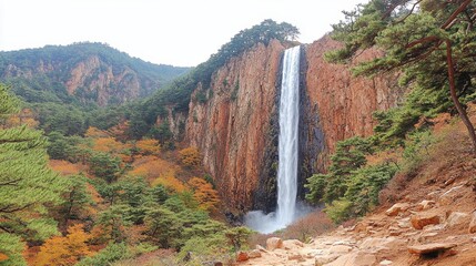 Majestic Waterfall Flowing Through Lush Autumn Forest with Rocky Cliffs Surrounded by Evergreen Trees and Scenic Natural Landscape