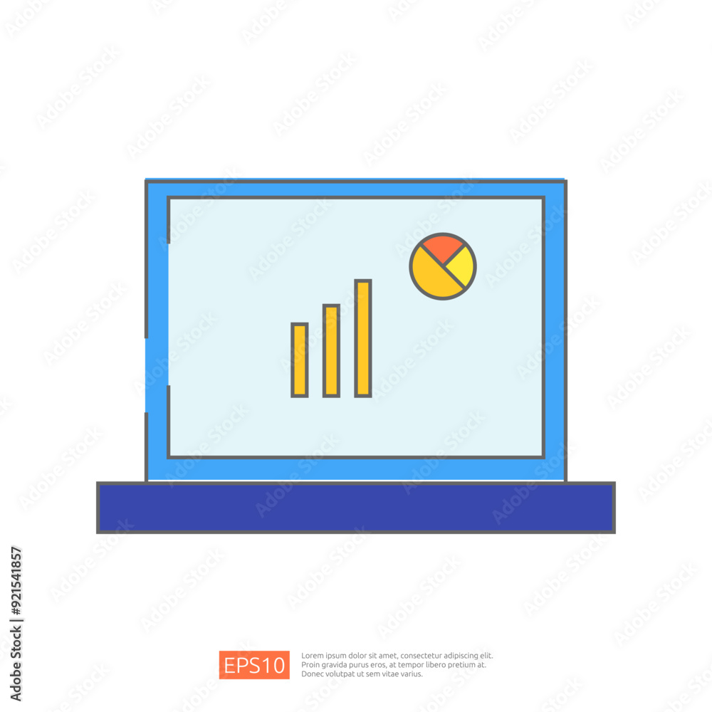 Poster laptop screen with chart and pie graph for presentation or data analysis, report and statistic icons