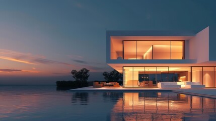 Modern House by the Sea at Dusk