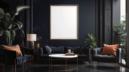 Ultra-sharp photograph of a frame mockup in a sophisticated dark home interior, featuring stylish and modern furnishings. With copy space for text