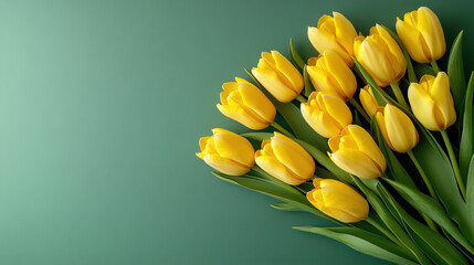 Obraz premium Happy Mother's Day. Women's Day. Happy Wedding. Greeting Card. Green background with a tulip border on the right side. Bouquet of tulips on green background. Copy space area for text