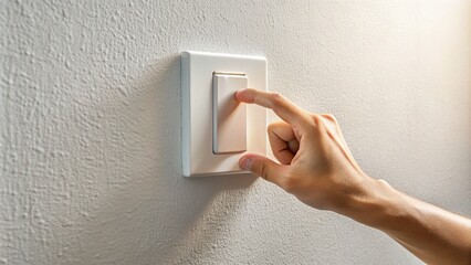 A close-up of a gentle hand hovering over a modern light switch, poised to toggle the lever, casting a subtle shadow on the neutral wall.