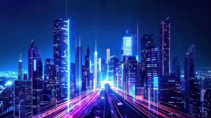 Obraz premium Neon Cityscape with Bright Lights and Speeding Traffic