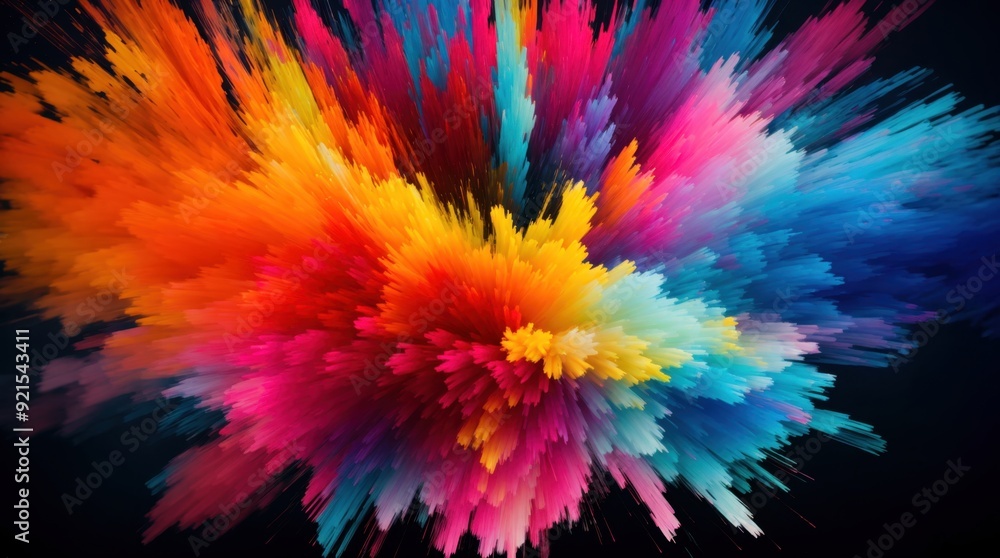 Poster dynamic display of vibrant digital paint splatters on dark canvas
